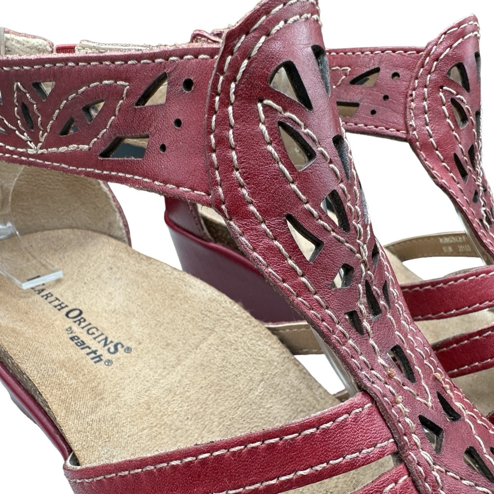 Earth Origins Kingsley Red Leather Boho Comfort Wedge Ankle Strap Sandals 8.5 - Picture 6 of 16